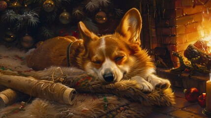 Cheerful chubby corgi pup snuggled up by the fireplace, its chubby cheeks glowing with holiday warmth.
