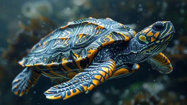 Illustrate the intricate patterns on the sleek, nimble Softshell turtles shell in stunning detail, showcasing its effortless movement through a vibrant underwater world