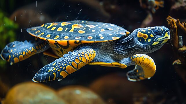Illustrate the intricate patterns on the sleek, nimble Softshell turtles shell in stunning detail, showcasing its effortless movement through a vibrant underwater world