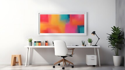  This is a mockup of an office with a blank white frame, presenting a colourful, contemporary mixed-media artwork design. 
