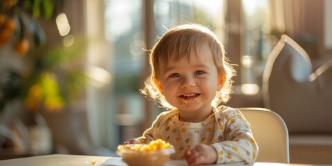 A small child eats breakfast at a table in a sunny room. Generative AI