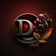 D letter with berries and leaves on dark background. Vector illustration.