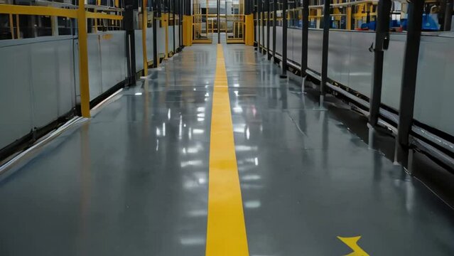Industrial Factory Floor with Polished Concrete and Yellow Line Marking