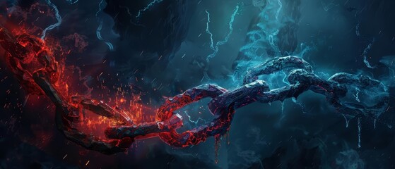 A surreal image of intersecting chains where the red chain is made of molten lava and the blue chain is composed of shimmering ice They connect at the center