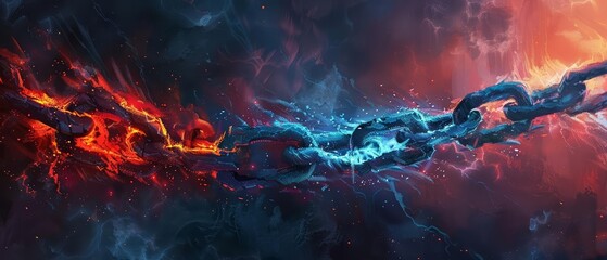 A surreal image of intersecting chains where the red chain is made of molten lava and the blue chain is composed of shimmering ice They connect at the center