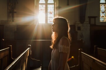 A woman stands serenely in a church as sunlight pours through stained-glass windows.