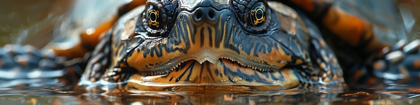 Illustrate a close-up wide-angle shot of a snapping turtles powerful jaws