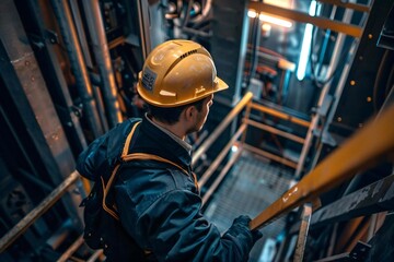 Professional electric technician fixing elevator installation with repair expertise