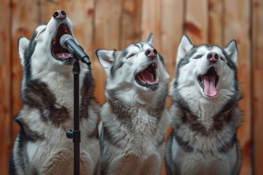 Singing Dogs, Disco of 80s, Concert of 90s, Karaoke with Huskies with microphones, Funny Dog Disco