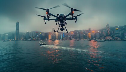 Naklejka premium A drone flying over the city with an underwater camera mounted on it, capturing a wide angle shot of the city skyline in the background in a cinematic style. Generative AI