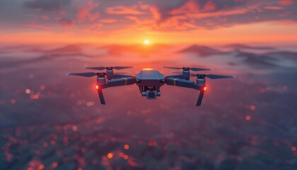Fototapeta premium A drone with a camera flying in the sky, in the style of real photo with a blurred background, sunset light, mountains on the horizon, high resolution. Generative AI