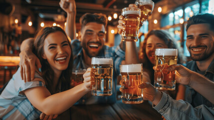 Group of Friends Toasting With Beer at a Bar