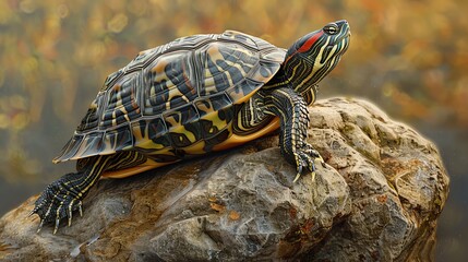 Illuminate the elegance of nature as a Red-eared slider turtle peacefully lounges on a textured rock, rendered in intricate detail with a photorealistic digital technique