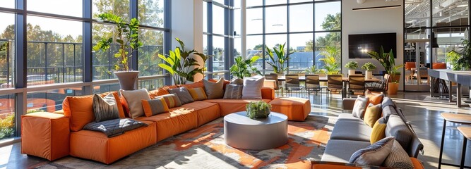 A modern office break room where employees enjoy a stress-relief session, including guided relaxation and group wellness discussions. The space is equipped with ergonomic furniture and quiet corners