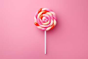 Tasty lollipop on pink background, top view. Generative AI