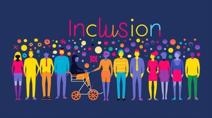 Vector illustration emphasizing diversity, equality, and inclusion with the slogan 'Inclusion' prominently featured.