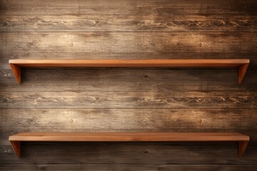 Two empty wooden shelves on the wall. Generative AI