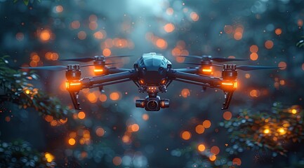 A drone with cameras and lights flying over the forest at night, remote control aerial photography, hyper realistic scifi, dark blue background. Generative AI