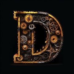 Mechanical alphabet made from gears and cogwheels. Letter D