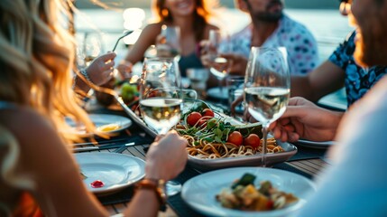 A diverse group of individuals happily dining together on a boat, surrounded by water and enjoying the scenic views