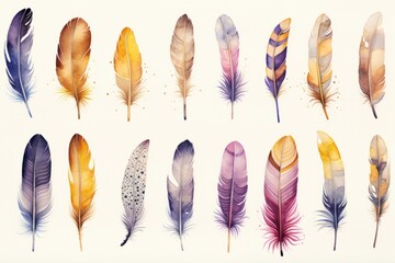 Set of feathers on a white background. Generative AI