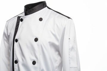 White chef cook's jacket with black edges on an invisible dummy, isolated over white background. Generative AI