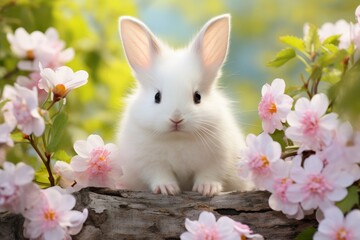 White cute bunny with flowers. Generative AI