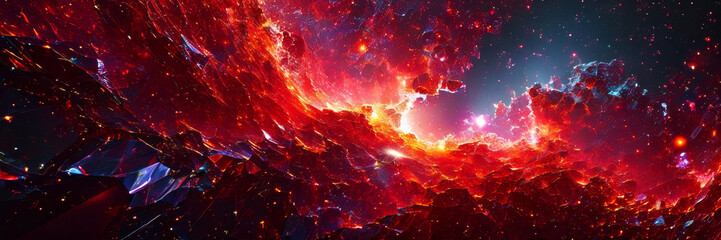 A banner of an abstract universe filled with shining, transformative red hues, smashed to smithereens.