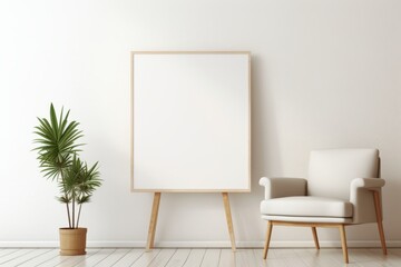 Wooden easel with blank canvas in a living room with a plant and chair. Generative AI