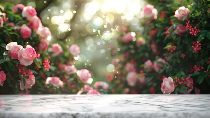 Fototapeta na wymiar Reflective white marble tabletop with a mystical backdrop of light bokeh emanating from a lush rose garden, suited for luxurious product showcases