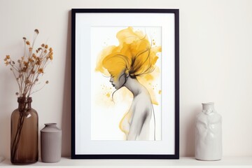 A painting of a woman with a yellow hair is framed in a black frame. Generative AI