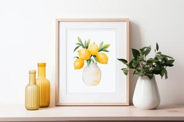 A painting of lemons and a vase with a plant in it. Generative AI