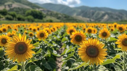 A field of bright yellow sunflowers under a blue sky.