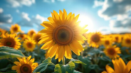 A field of bright yellow sunflowers under a blue sky.