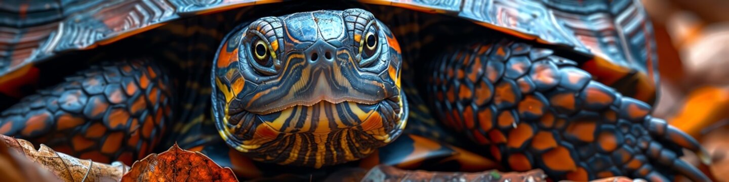 Craft a digital composition featuring a box turtle peeking out from its shell in a high-angle perspective