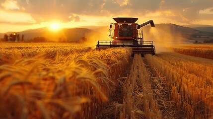Fototapeta premium A farmer driving a combine harvester through a field of rye.