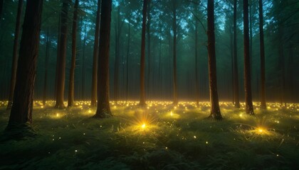 Enchanting view of a mystical forest filled with bioluminescent lights scattered around the base of tall trees in a foggy setting.