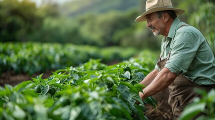 A farmer inspecting a row of healthy sweet pepper plants.