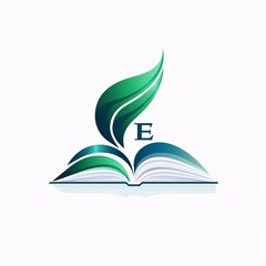 Book logo design template. Vector illustration. Book icon with green leaves. letter E