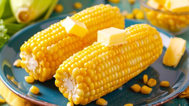 Two pieces of corn on the cob with butter.