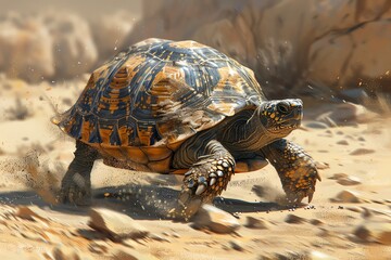 Obraz premium Illustrate a land turtles journey in a digital photorealistic style