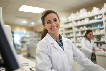 Female pharmacist standing behind a counter in a pharmacy, wearing a white lab coat.	Pharmacist assist customers with their healthcare needs. - Powered by Adobe