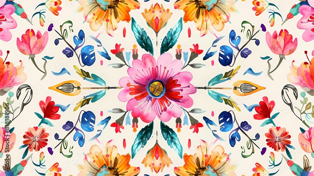 Wall mural a vibrant and symmetrical floral pattern with a colorful array of flowers