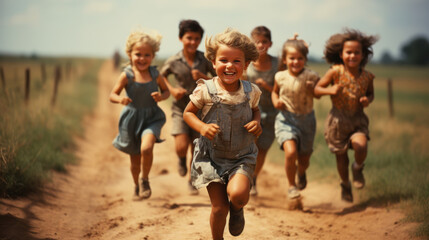 Happy Children Running on a Dirt Path in a Rural Setting, Vintage Look