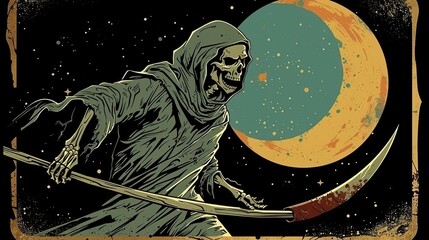 A grim reaper with a scythe on the background of a full moon, vintage poster