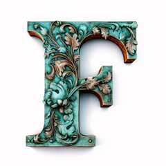 Vintage capital letter F with floral ornament on white background. 3d rendering