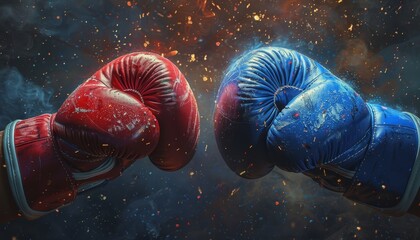 Two boxing gloves, one blue and one red, are shown in a painting by AI generated image