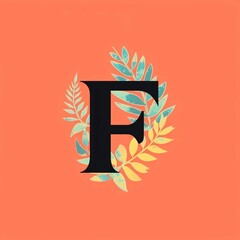 Initial letter F filled with leaves and floral pattern, isolated on orange background.