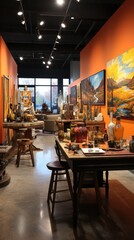 Cozy Art Gallery Interior with Beautiful Paintings and Handcrafted Items on Display