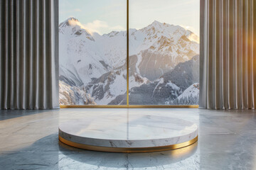 A mockup of an empty round marble pedestal with a golden frame on the floor, in an interior design scene with a window